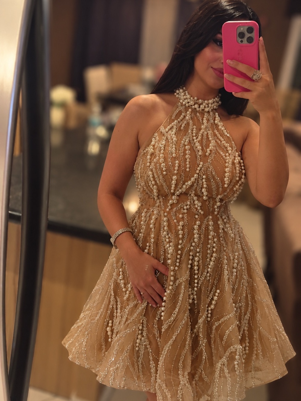 Fashion Nova Gold Beaded Halter Mini Dress